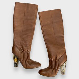 Elie Tahari Brown Marble Retro Heel Boots Round Toe Pleated Tall Women's Sz 6.5